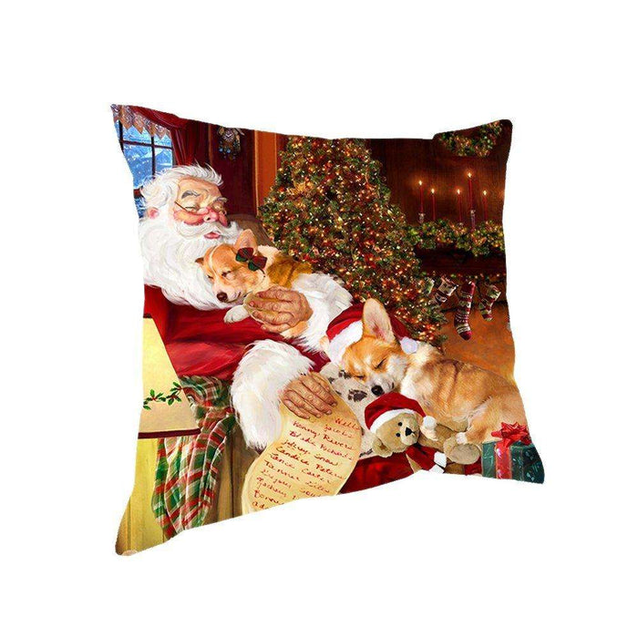 Happy Holidays with Santa Sleeping with Corgi Dogs Christmas Pillow