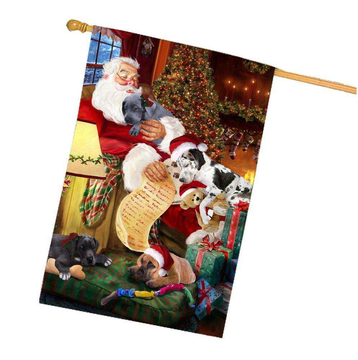Happy Holidays with Santa Sleeping with Great Dane Dogs Christmas House Flag