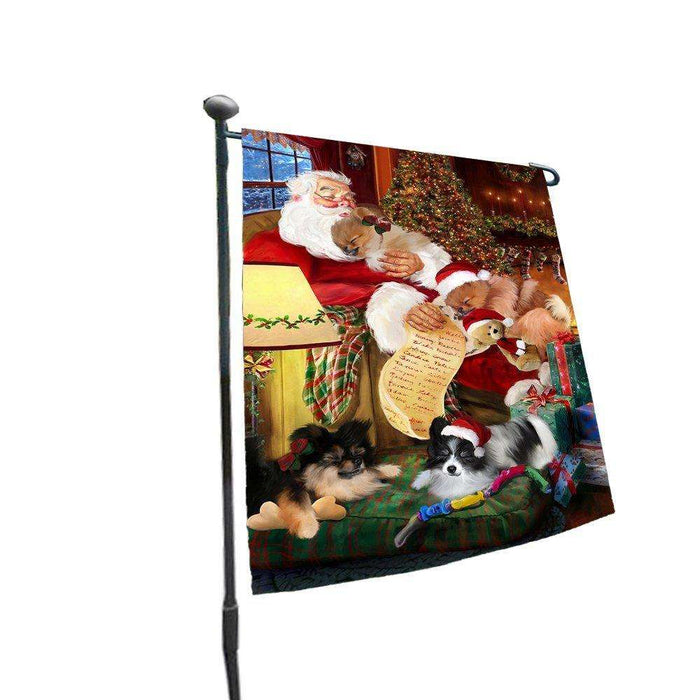 Happy Holidays with Santa Sleeping with Pomeranian Dogs Christmas Garden Flag