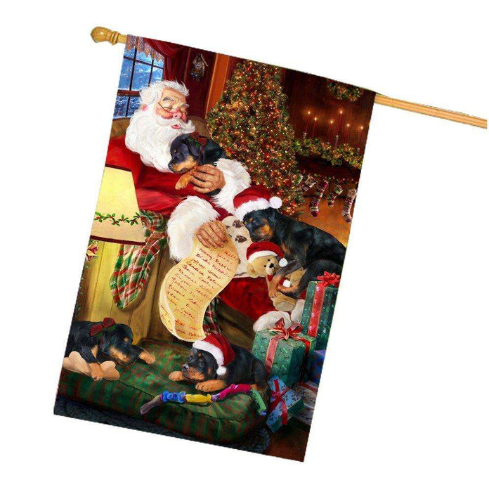 Happy Holidays with Santa Sleeping with Rottweiler Dogs Christmas House Flag
