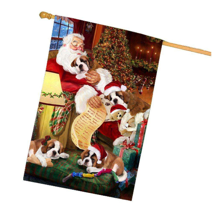 Happy Holidays with Santa Sleeping with Saint Bernards Dogs Christmas House Flag