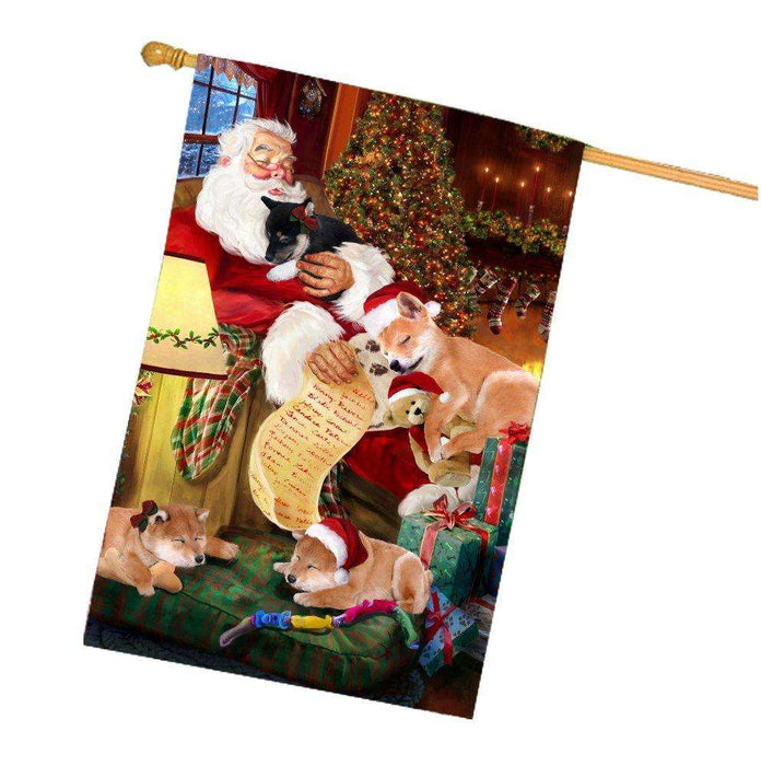 Happy Holidays with Santa Sleeping with Shiba Inu Dogs Christmas House Flag