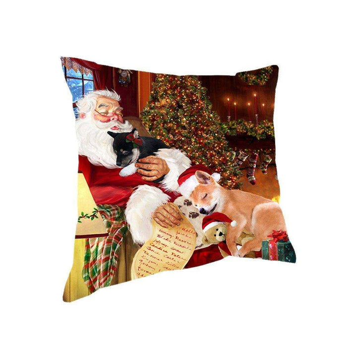 Happy Holidays with Santa Sleeping with Shiba Inu Dogs Christmas Pillow