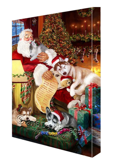 Happy Holidays with Santa Sleeping with Siberian Husky Dogs Christmas Canvas