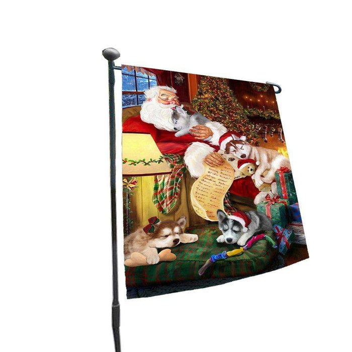 Happy Holidays with Santa Sleeping with Siberian Husky Dogs Christmas Garden Flag