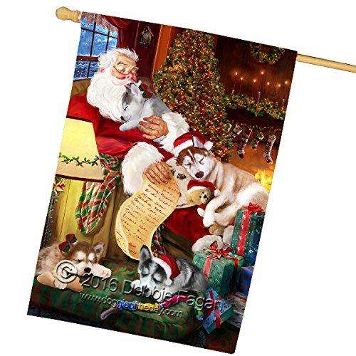 Happy Holidays with Santa Sleeping with Siberian Husky Dogs Christmas House Flag