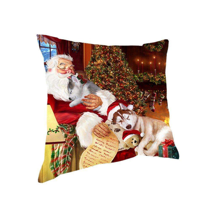Happy Holidays with Santa Sleeping with Siberian Husky Dogs Christmas Pillow