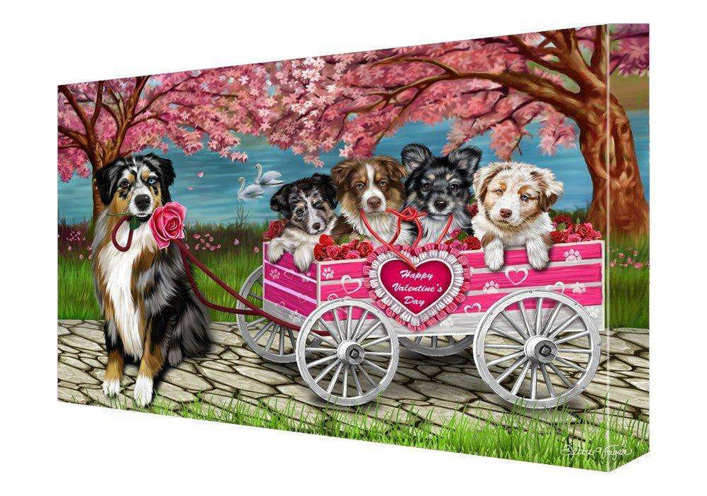 Happy Valentines Day Love Puppy Dogs Australian Shepherds in Rose Wagon Mom, Dad, Husband Wife Canvas