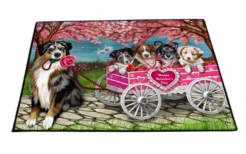 Happy Valentines Day Love Puppy Dogs Australian Shepherds in Rose Wagon Mom, Dad, Husband Wife Floormat