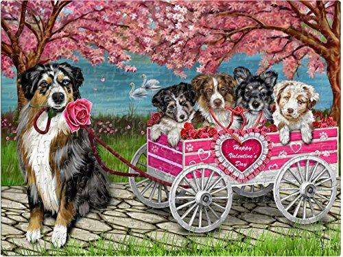 Happy Valentines Day Love Puppy Dogs Australian Shepherds in Rose Wagon Mom, Dad, Husband Wife Puzzle with Photo Tin