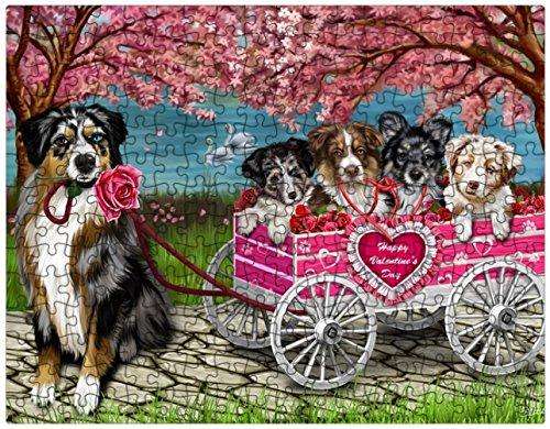 Happy Valentines Day Love Puppy Dogs Australian Shepherds in Rose Wagon Mom, Dad, Husband Wife Puzzle with Photo Tin