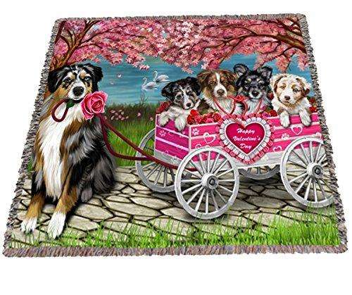 Happy Valentines Day Love Puppy Dogs Australian Shepherds in Rose Wagon Mom, Dad, Husband Wife Woven Throw Sherpa Plush Fleece Blanket