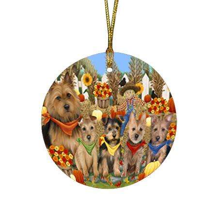 Harvest Time Festival Day Australian Terriers Dog Round Flat Christmas Ornament RFPOR52354