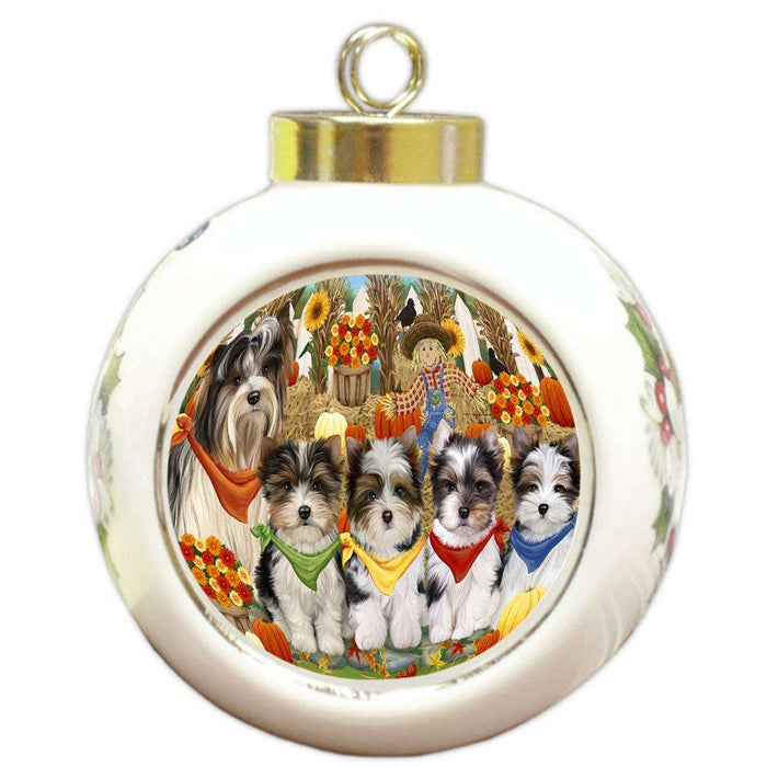 Harvest Time Festival Day Biewer Terriers Dog Round Ball Christmas Ornament RBPOR52365