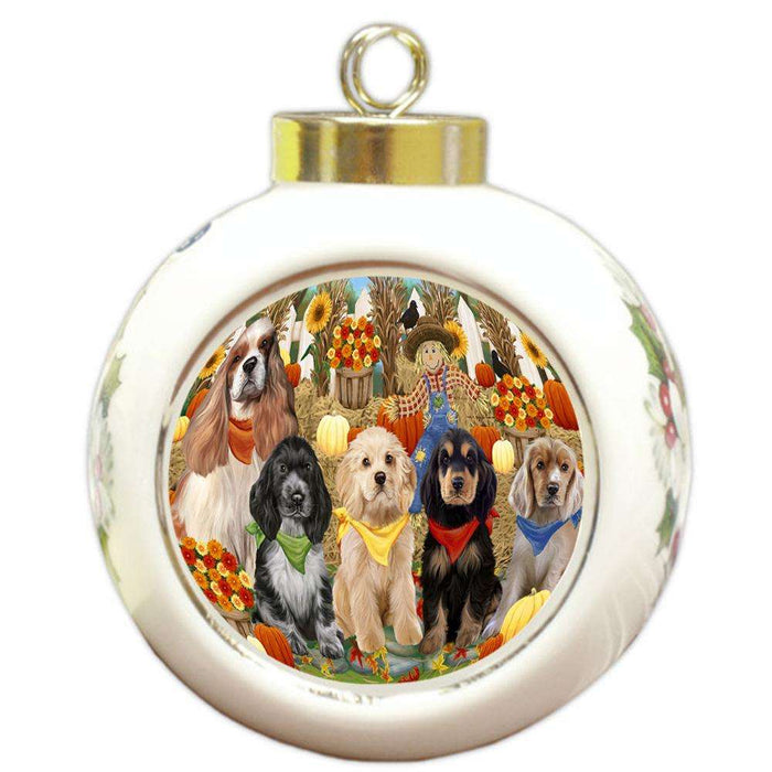 Harvest Time Festival Day Cocker Spaniels Dog Round Ball Christmas Ornament RBPOR52369