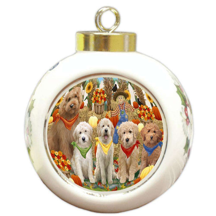 Harvest Time Festival Day Goldendoodles Dog Round Ball Christmas Ornament RBPOR52370