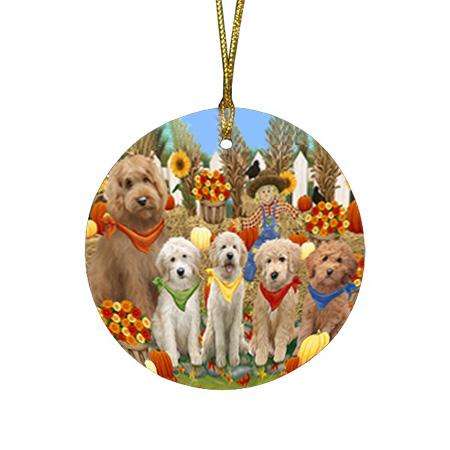 Harvest Time Festival Day Goldendoodles Dog Round Flat Christmas Ornament RFPOR52361