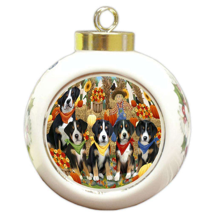 Harvest Time Festival Day Greater Swiss Mountain Dogs Round Ball Christmas Ornament RBPOR52372