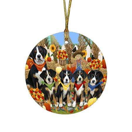 Harvest Time Festival Day Greater Swiss Mountain Dogs Round Flat Christmas Ornament RFPOR52363