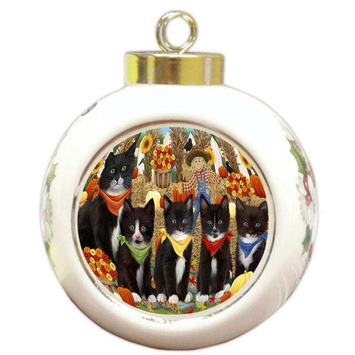 Harvest Time Festival Day Tuxedo Cats Round Ball Christmas Ornament RBPOR52379