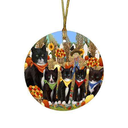 Harvest Time Festival Day Tuxedo Cats Round Flat Christmas Ornament RFPOR52370