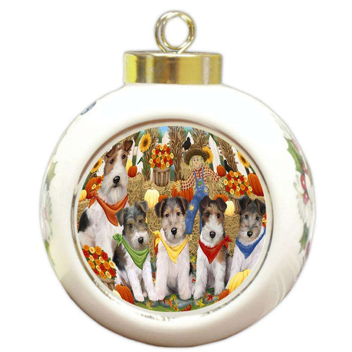 Harvest Time Festival Day Wire Fox Terriers Dog Round Ball Christmas Ornament RBPOR52381