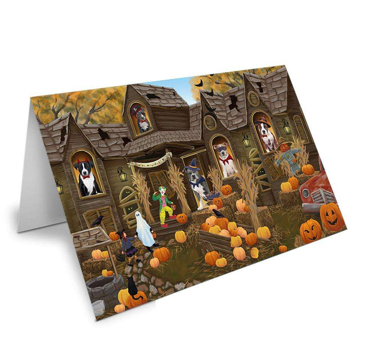 Haunted House Halloween Trick or Treat American Staffordshire Terriers Dog Handmade Artwork Assorted Pets Greeting Cards and Note Cards with Envelopes for All Occasions and Holiday Seasons GCD62522