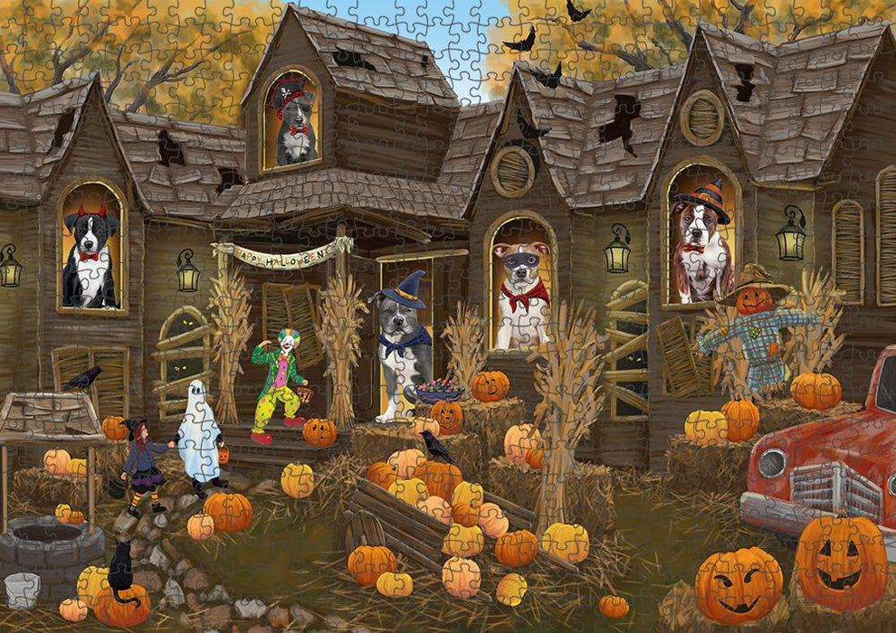 Haunted House Halloween Trick or Treat American Staffordshire Terriers Dog Puzzle with Photo Tin PUZL62898