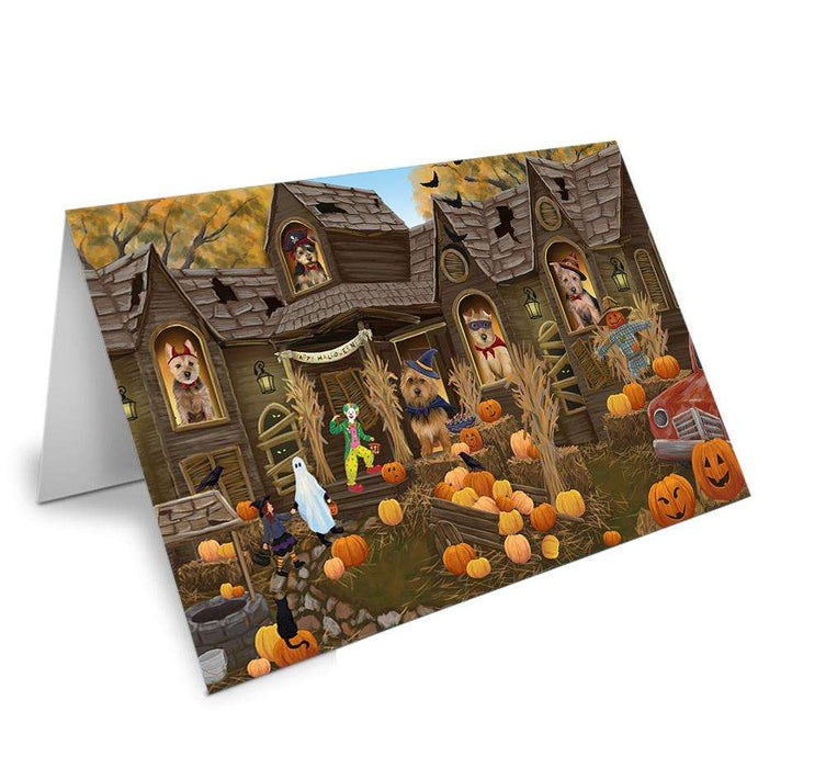 Haunted House Halloween Trick or Treat Australian Terriers Dog Handmade Artwork Assorted Pets Greeting Cards and Note Cards with Envelopes for All Occasions and Holiday Seasons GCD62537