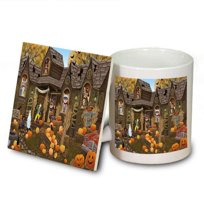 Haunted House Halloween Trick or Treat Bengal Cats Mug and Coaster Set MUC52832