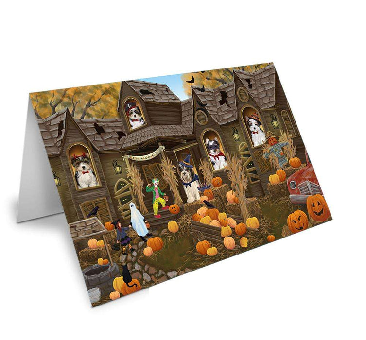 Haunted House Halloween Trick or Treat Biewer Terriers Dog Handmade Artwork Assorted Pets Greeting Cards and Note Cards with Envelopes for All Occasions and Holiday Seasons GCD62561