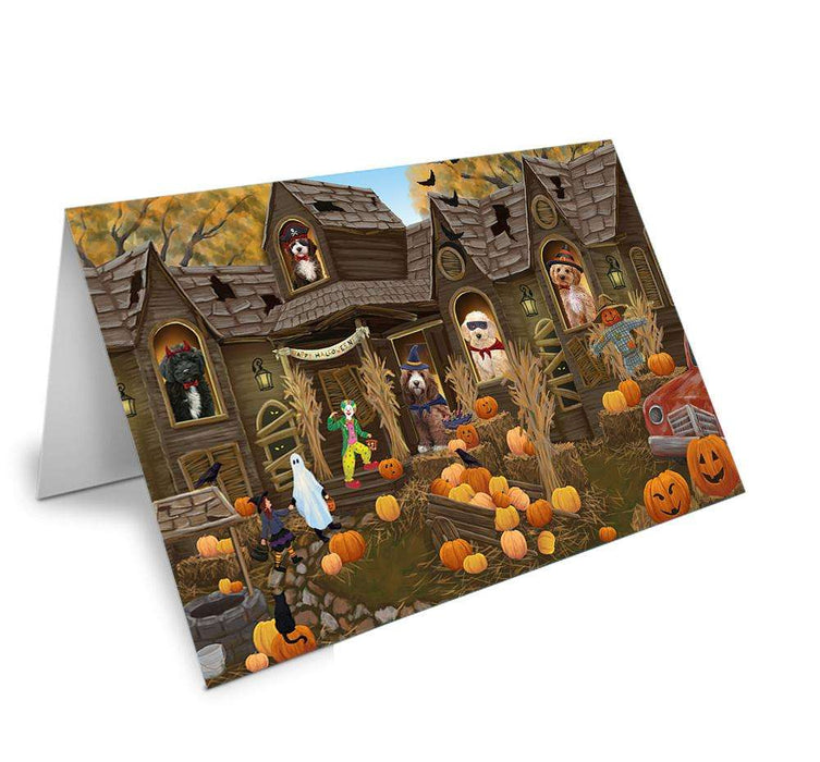 Haunted House Halloween Trick or Treat Cockapoos Dog Handmade Artwork Assorted Pets Greeting Cards and Note Cards with Envelopes for All Occasions and Holiday Seasons GCD62609