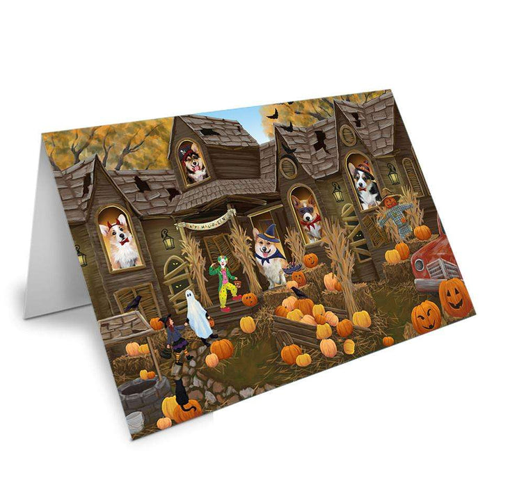 Haunted House Halloween Trick or Treat Corgis Dog Handmade Artwork Assorted Pets Greeting Cards and Note Cards with Envelopes for All Occasions and Holiday Seasons GCD62615