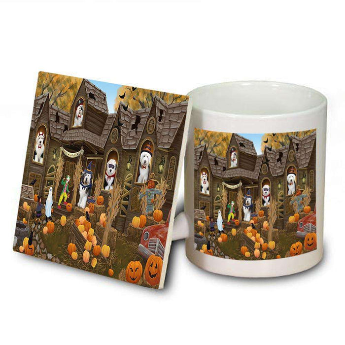 Haunted House Halloween Trick or Treat Old English Sheepdogs Mug and Coaster Set MUC52874
