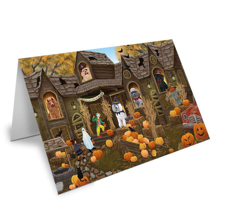 Haunted House Halloween Trick or Treat Poodles Dog Handmade Artwork Assorted Pets Greeting Cards and Note Cards with Envelopes for All Occasions and Holiday Seasons GCD62690