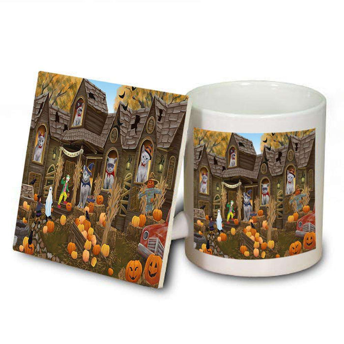 Haunted House Halloween Trick or Treat Russian Blue Cats Mug and Coaster Set MUC52884