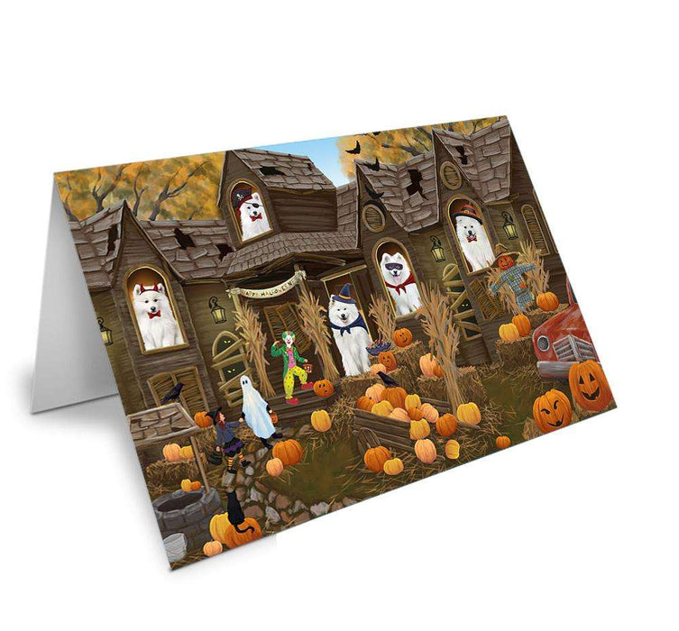 Haunted House Halloween Trick or Treat Samoyed Dogs Handmade Artwork Assorted Pets Greeting Cards and Note Cards with Envelopes for All Occasions and Holiday Seasons GCD62711