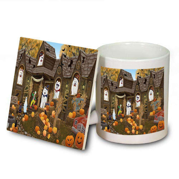 Haunted House Halloween Trick or Treat Samoyed Dogs Mug and Coaster Set MUC52886