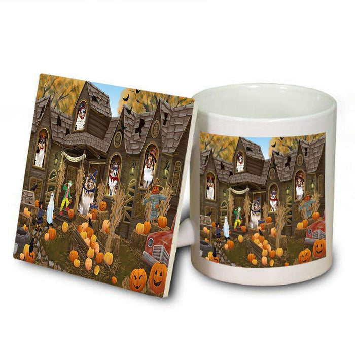 Haunted House Halloween Trick or Treat Shetland Sheepdogs Mug and Coaster Set MUC52890