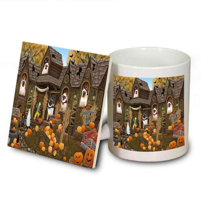 Haunted House Halloween Trick or Treat Siamese Cats Mug and Coaster Set MUC52893