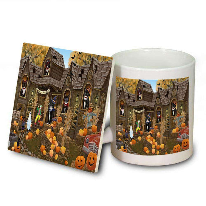Haunted House Halloween Trick or Treat Tuxedo Cats Mug and Coaster Set MUC52898