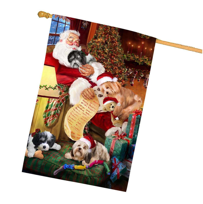 Havanese Dog and Puppies Sleeping with Santa House Flag