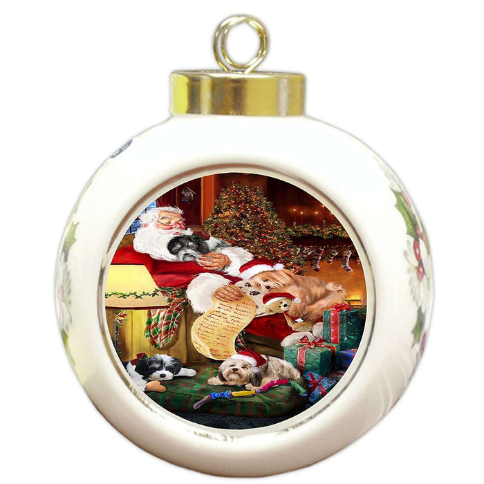 Havanese Dog and Puppies Sleeping with Santa Round Ball Christmas Ornament