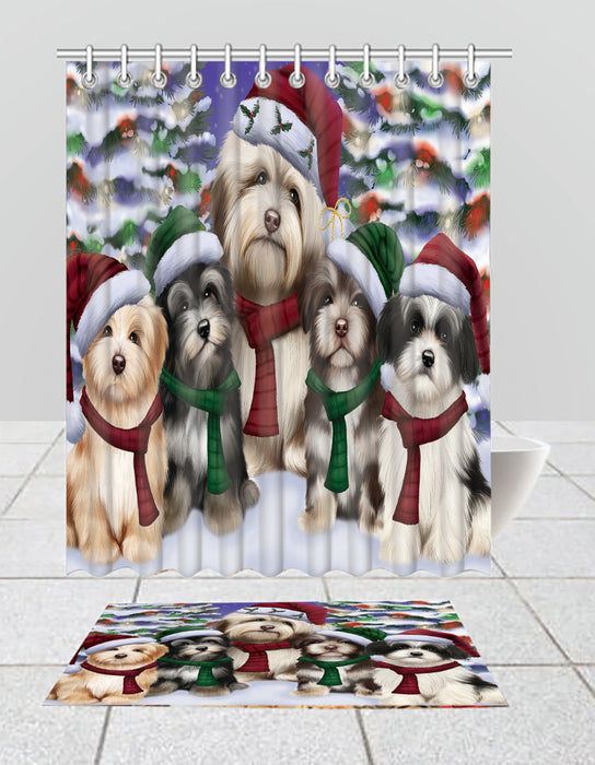 Havanese Dogs Christmas Family Portrait in Holiday Scenic Background  Bath Mat and Shower Curtain Combo