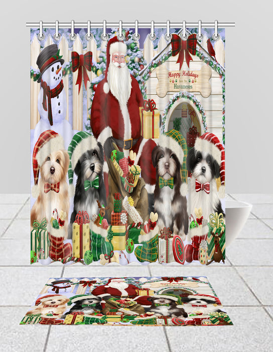 Happy Holidays Christmas Havanese Dogs House Gathering Bath Mat and Shower Curtain Combo