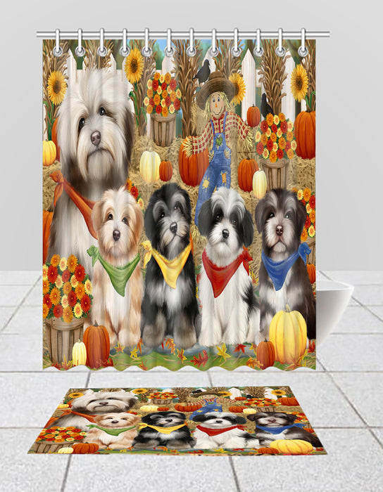 Fall Festive Harvest Time Gathering Havanese Dogs Bath Mat and Shower Curtain Combo