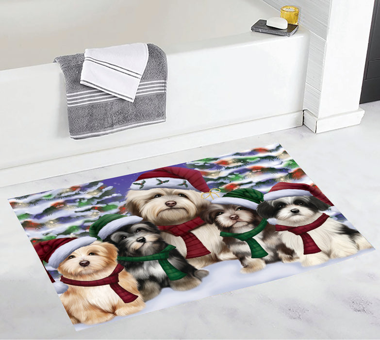 Havanese Dogs Christmas Family Portrait in Holiday Scenic Background Bath Mat
