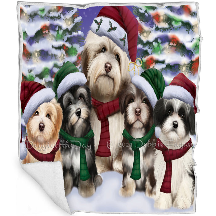 Havanese Dog Christmas Family Portrait in Holiday Scenic Background Art Portrait Print Woven Throw Sherpa Plush Fleece Blanket D006