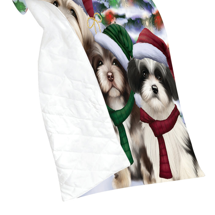 Havanese Dogs Christmas Family Portrait in Holiday Scenic Background Quilt