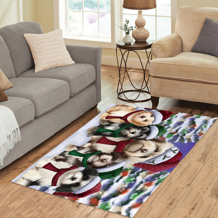 Havanese Dogs Christmas Family Portrait in Holiday Scenic Background Area Rug